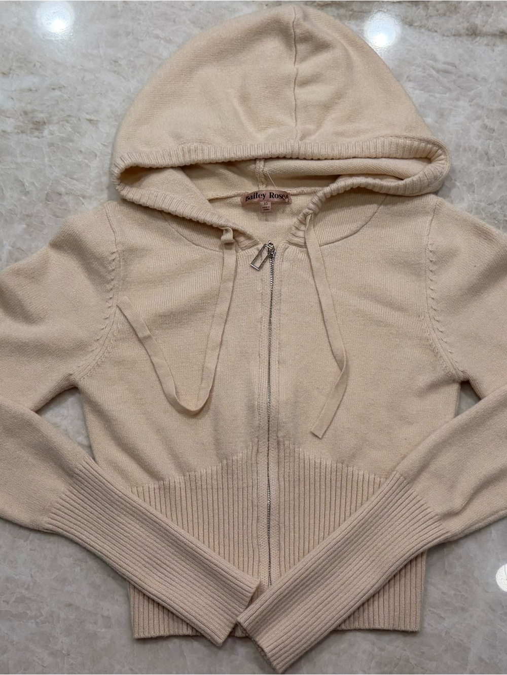 Bailey Rose Cream Zip-Up Hooded Knit Sweater with thumbholes